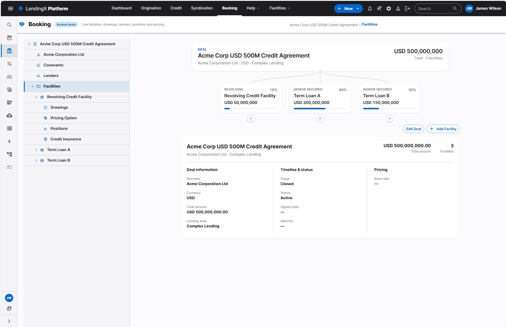 LendingX Booking screen — the live facility dealtree for the Acme Corp USD 500M credit agreement, showing the facility structure, drawings, positions and pricing.