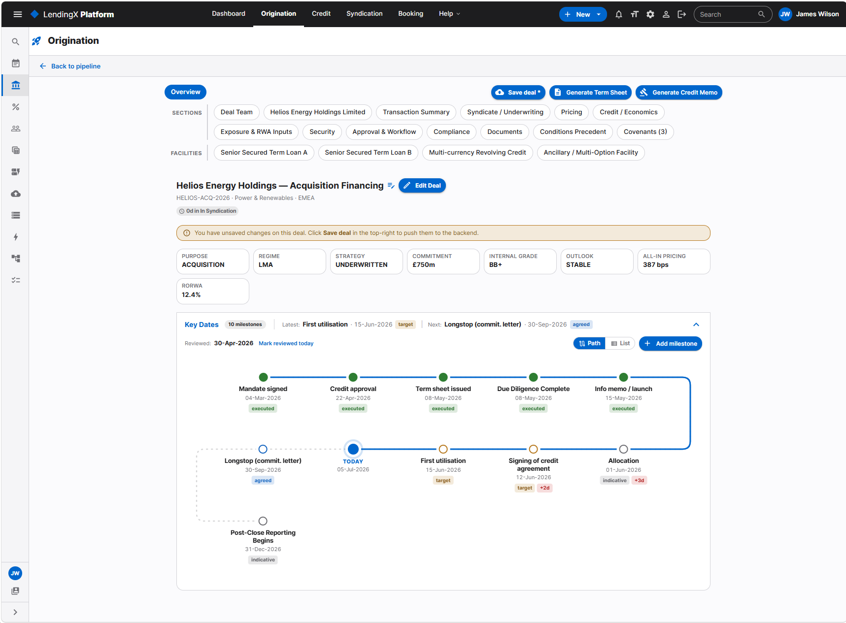 LendingX Origination screen — the deal workspace, sections, facilities, deal economics and the milestone timeline.